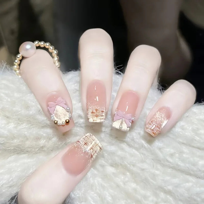 Medium fake nails for women Gradient nude brown blue flowers or rhinestones fall winter almond tips press on false nail art set