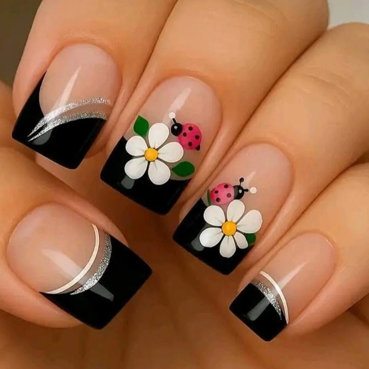 Medium fake nails for women girls French strips black white pink Square tips with flowers for Spring summer press on false nail