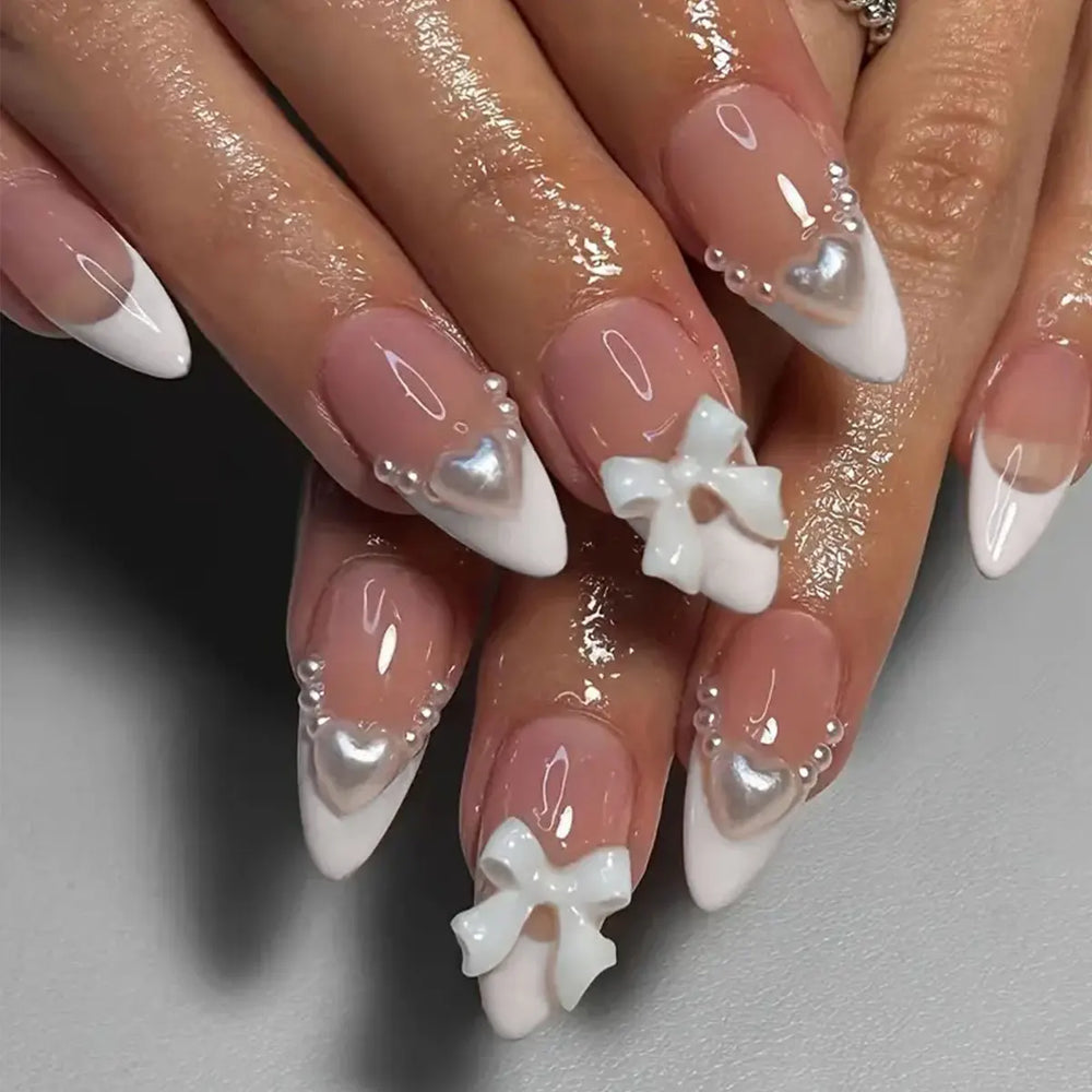 Light Coffee French Leopard & Bow Press-On Nails – Almond, 24 Pcs