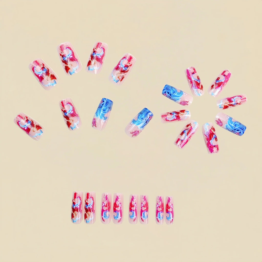 Medium fake nails for women gilrs Gradient pink blue colors wave sea print Square shape full cover reusable press on nails set