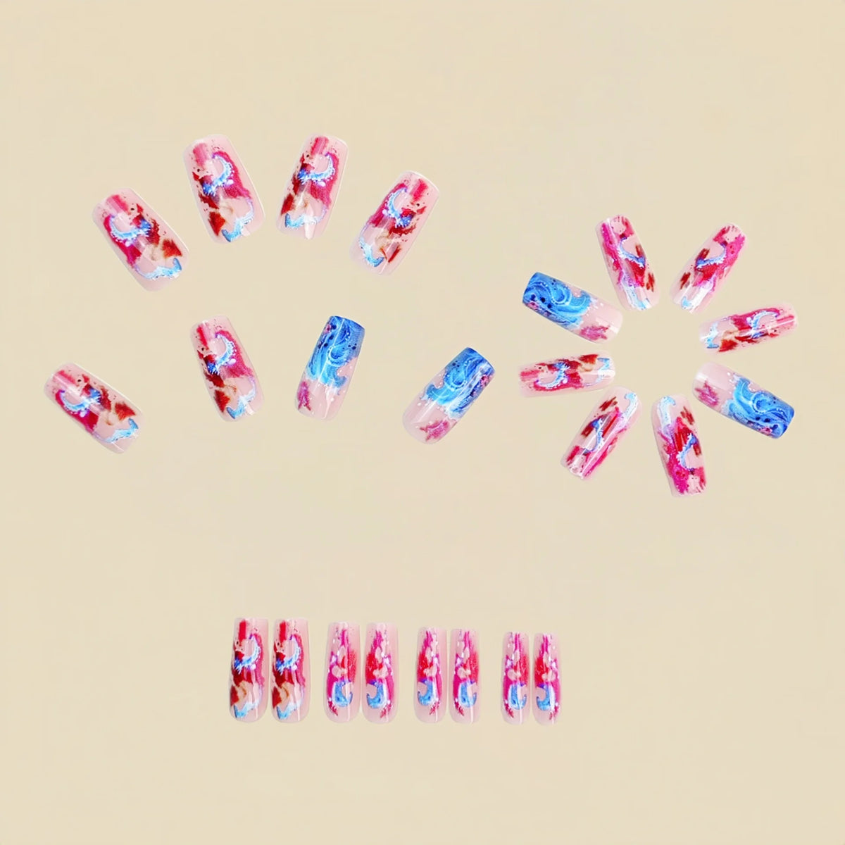 Medium fake nails for women gilrs Gradient pink blue colors wave sea print Square shape full cover reusable press on nails set