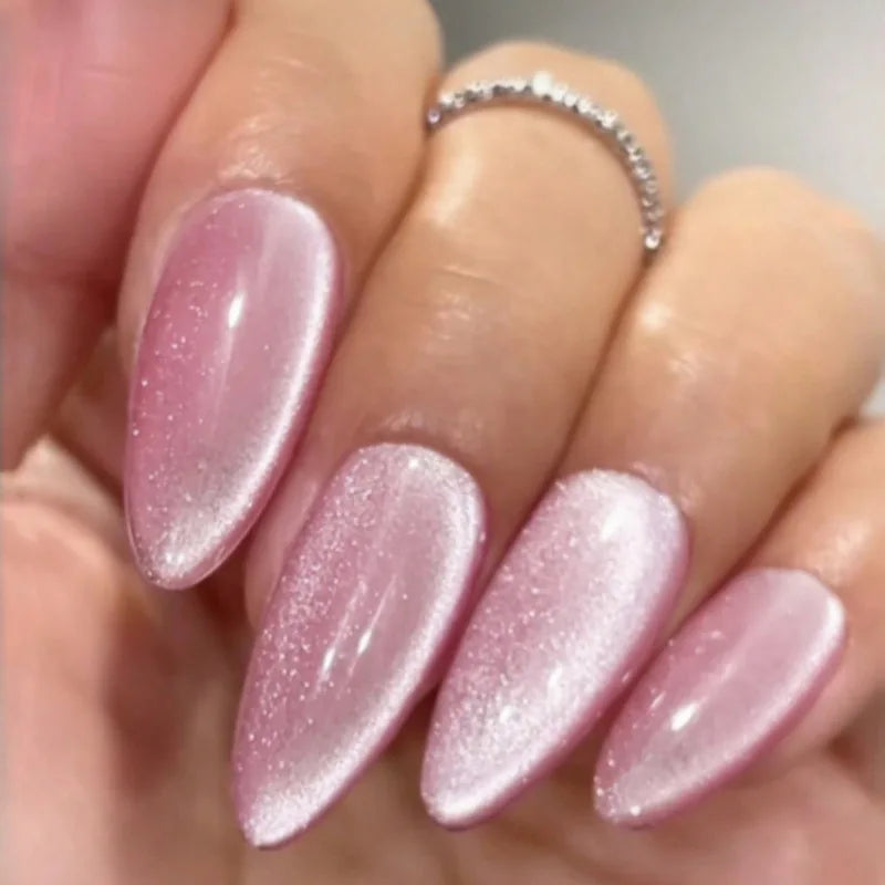 24pcs/set fake nails for women girl light pink cat eyes glossy sparkling shimmer nail tips almond shape full cover press on nail