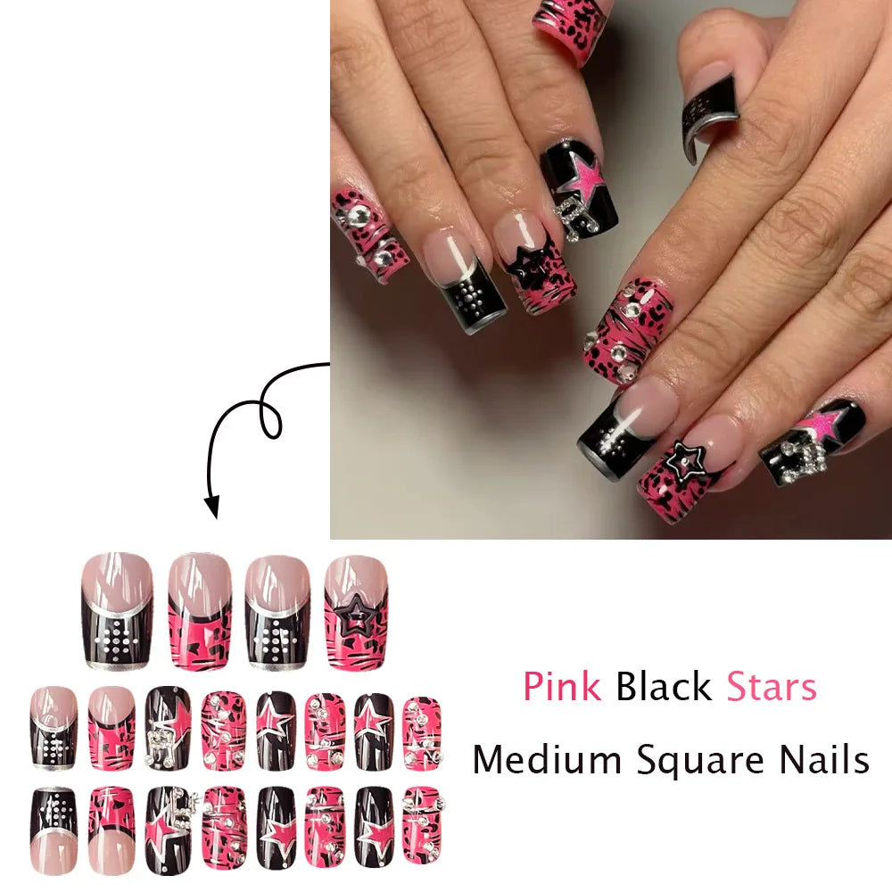 Pink & Black Leopard Star French Press-On Nails – Medium Square, 24 Pcs