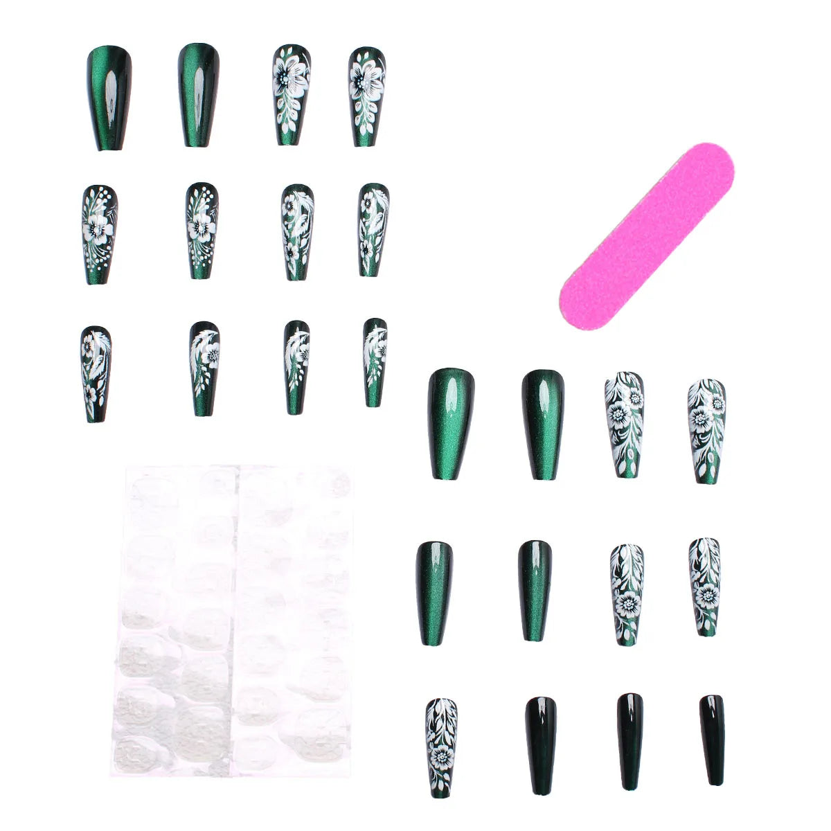 Medium long fake nails for women girls Glossy green cat eyes with white flowers, gradient purple pink flowers press on nail art