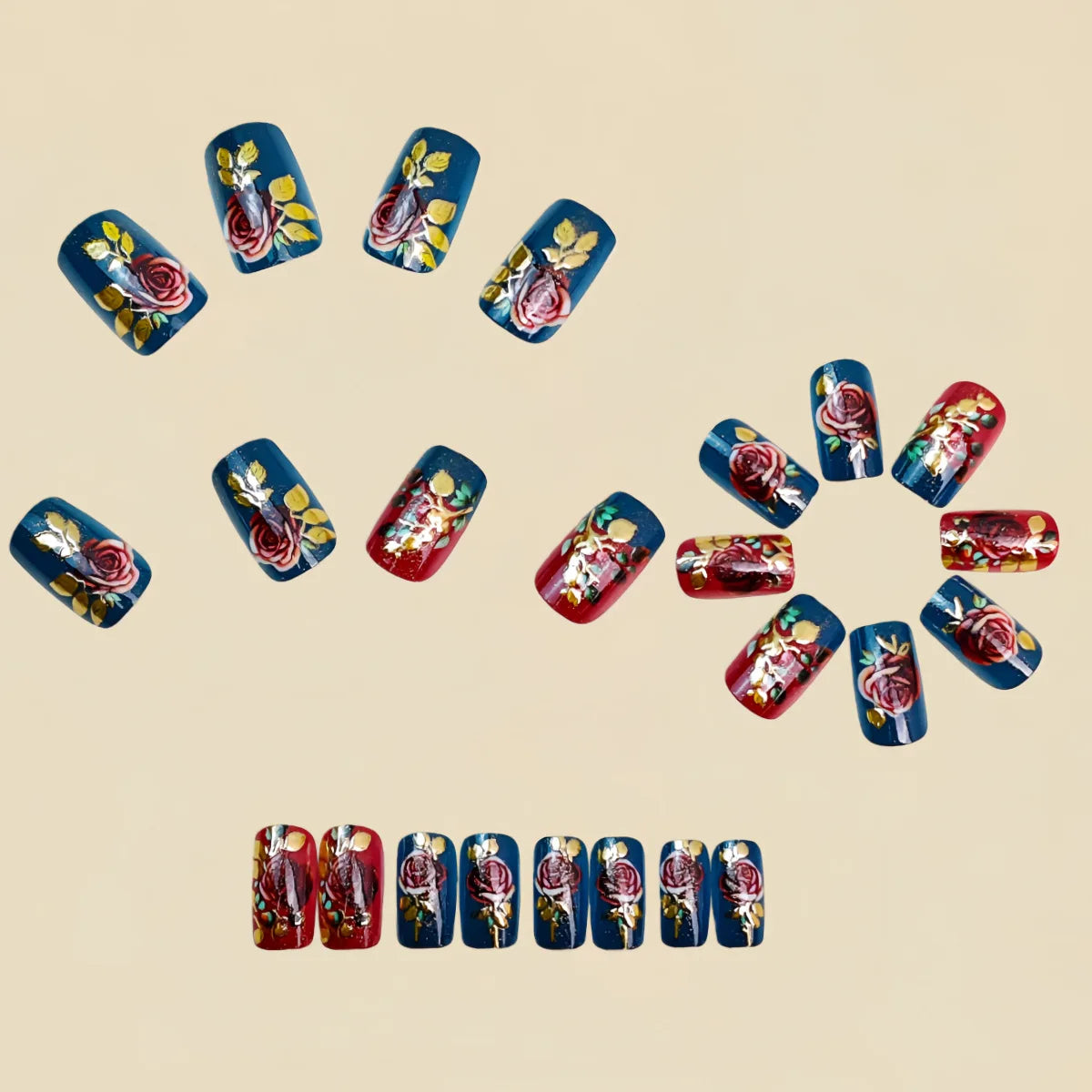 Medium Long Fake Nails for Women Golden Gilding Rose Flowers Blue Red Square Ballet Full Cover Nail Tips Press On False Nail Art