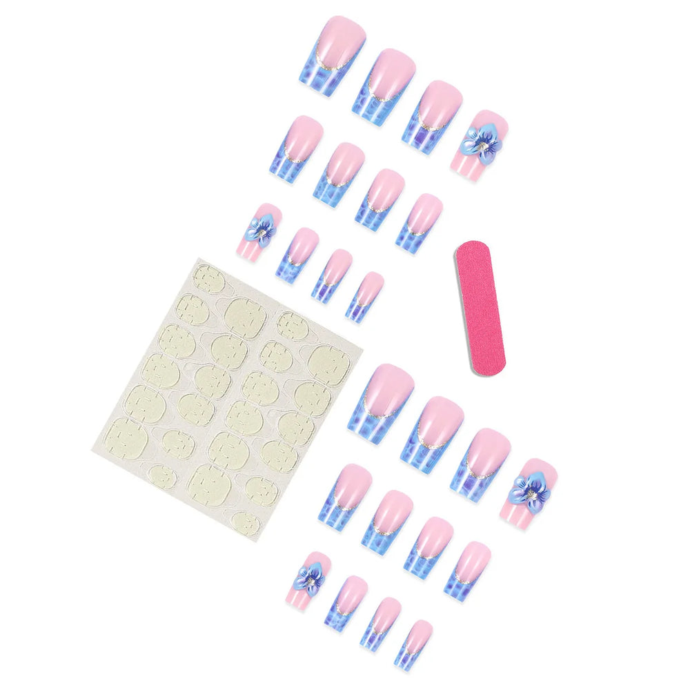 3D Blue Gradient Flower Press-On Nails – Medium Long Square