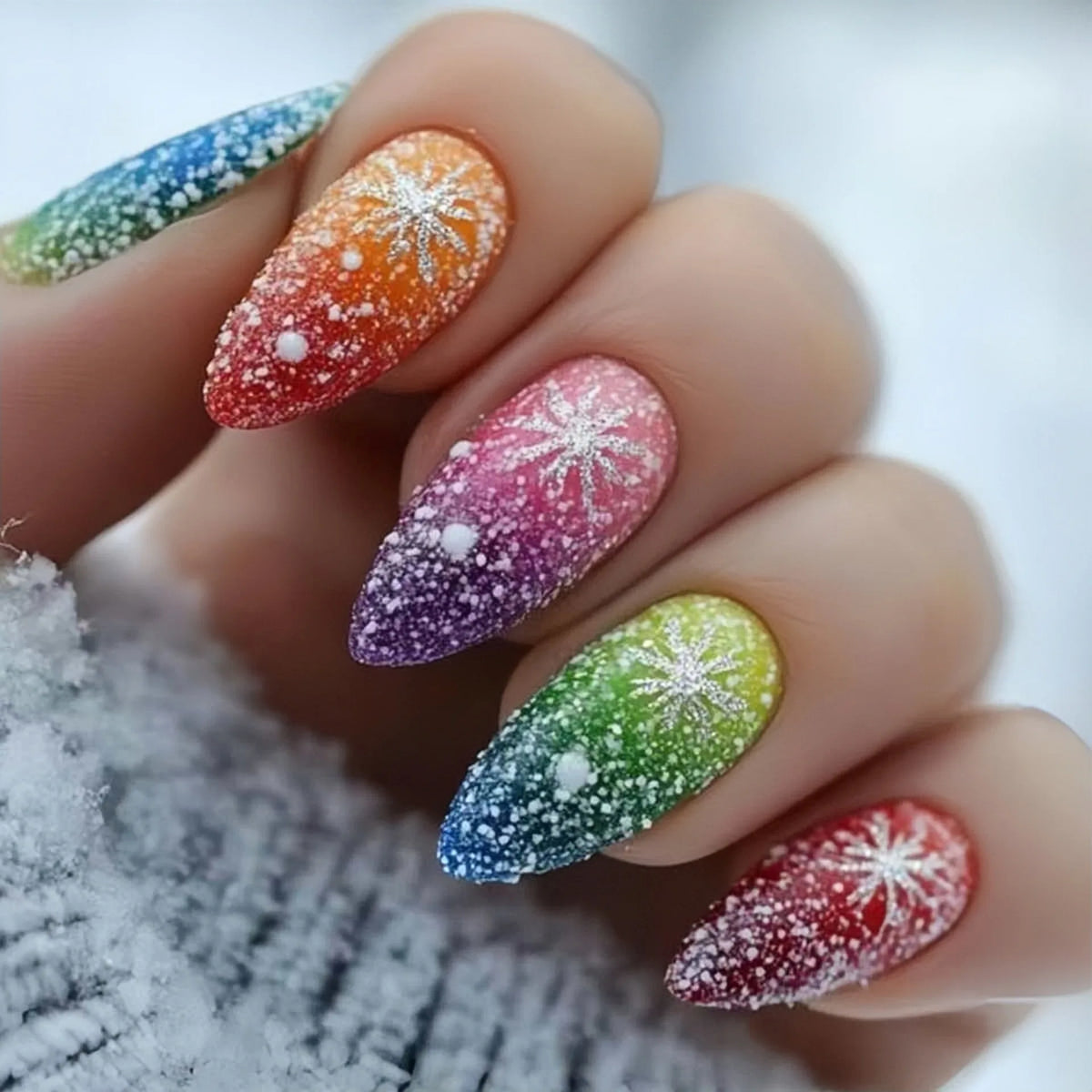 Medium Square almond fake nails for Christmas party Winter forest snowflakes Santa Claus Santa Claus design press on false nail