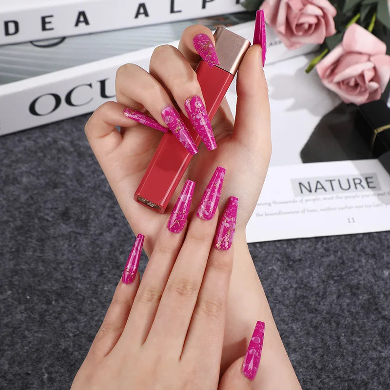 Medium long fake nails for women girl fashion flowers cactus gradient blue red pink yellow green ballet tips press on false nail