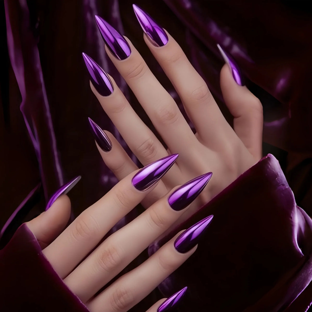 Fashion purple fake nails for women girls Holographic Plated metallic effect Medium long almond waterdrop tips press on nail art