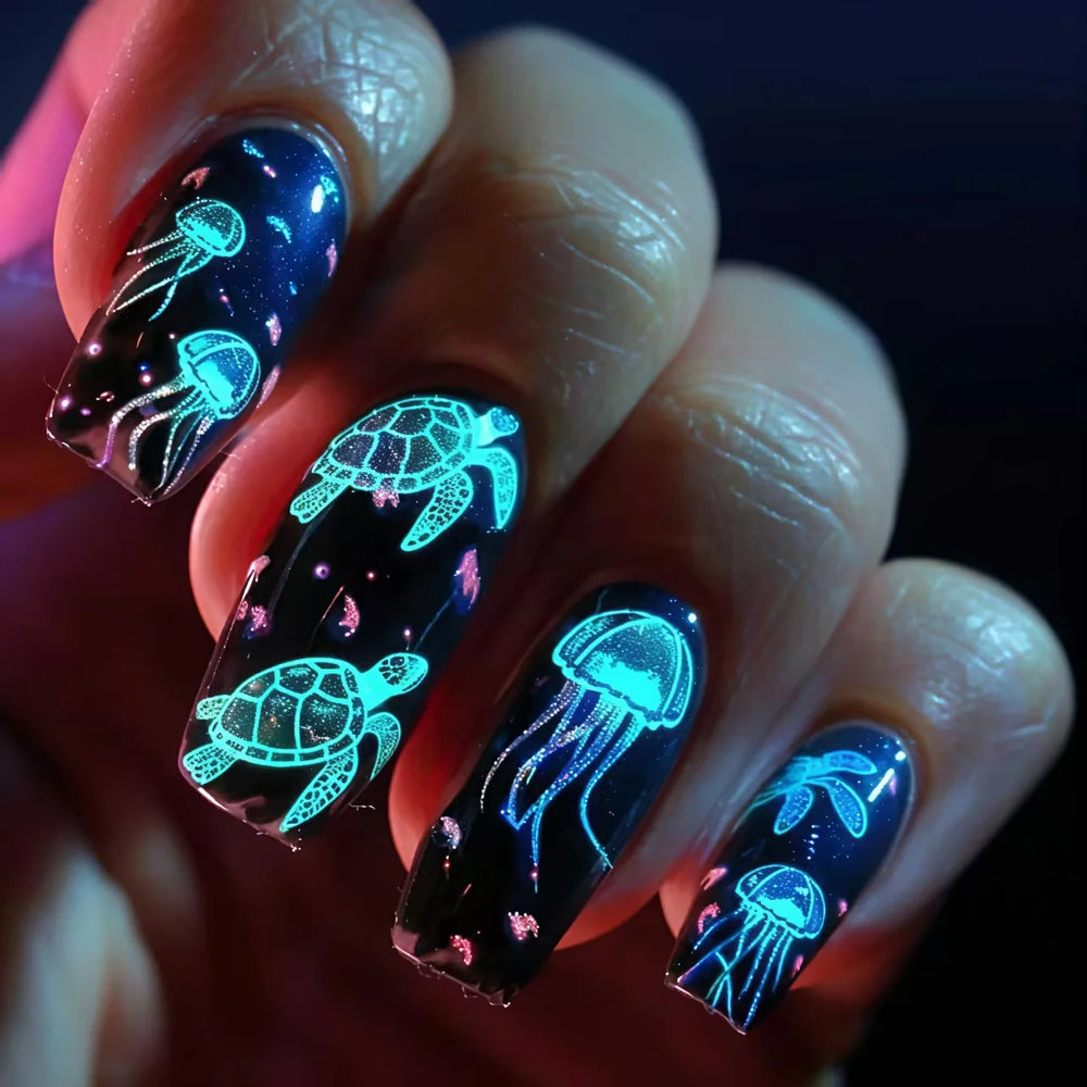 Ocean Jellyfish & Turtle Cute Animal Press-On Nails – Medium Long, 24 Pcs
