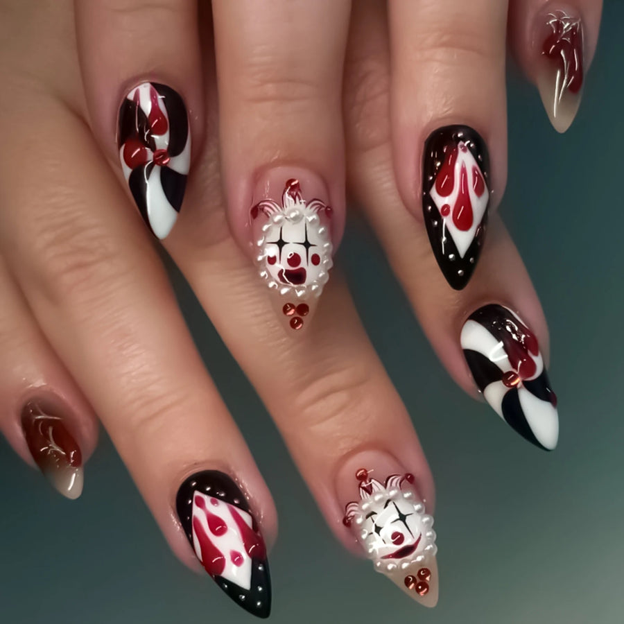 Circus Clown Ghost Halloween Press-On Nails – Long Stiletto, 24 Pcs