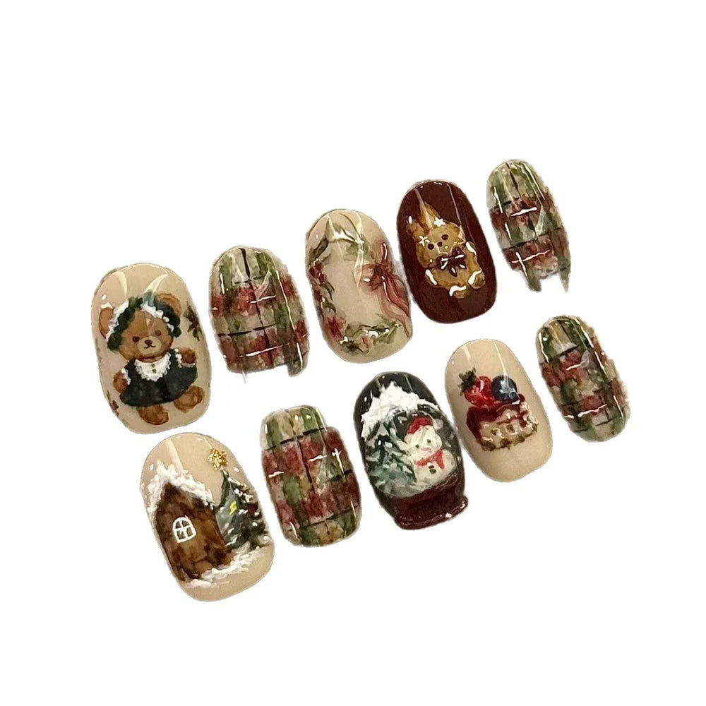 Christmas Bear & Santa Plaid Press-On Nails – Short Oval, 24 Pcs