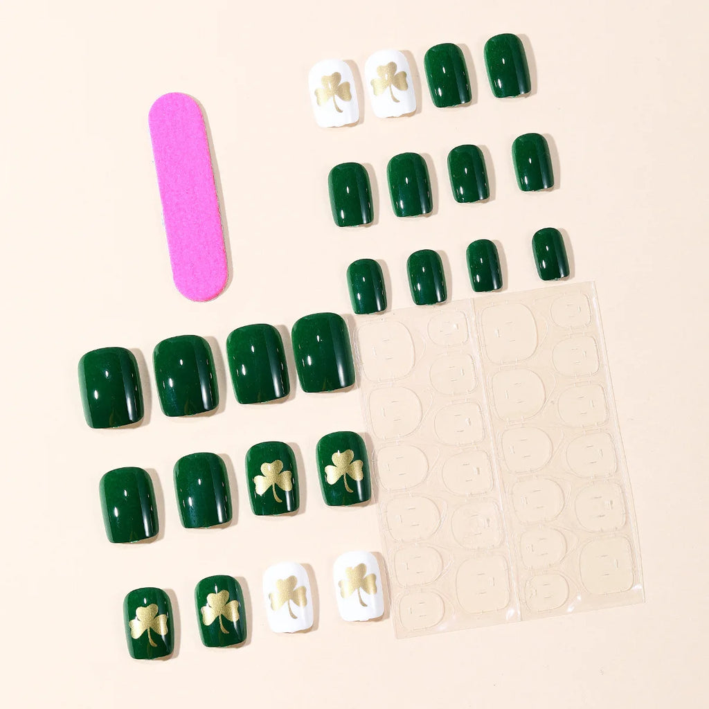 Short fake nails for women dark green white colors with golden golden Four-leaf clover square shape full cover press on nail art