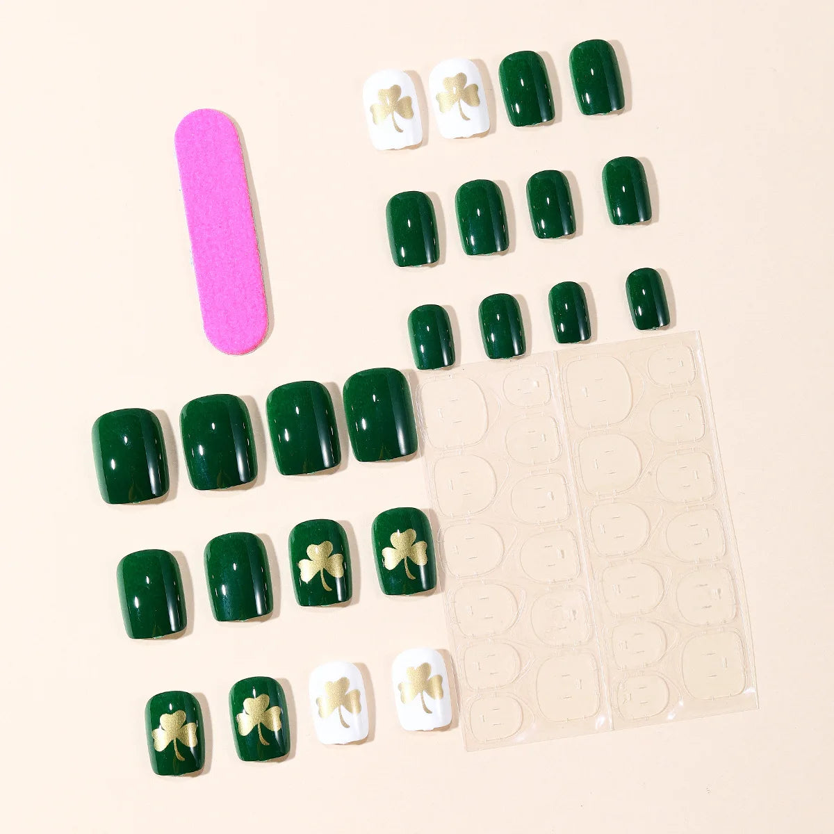 Short fake nails for women dark green white colors with golden golden Four-leaf clover square shape full cover press on nail art