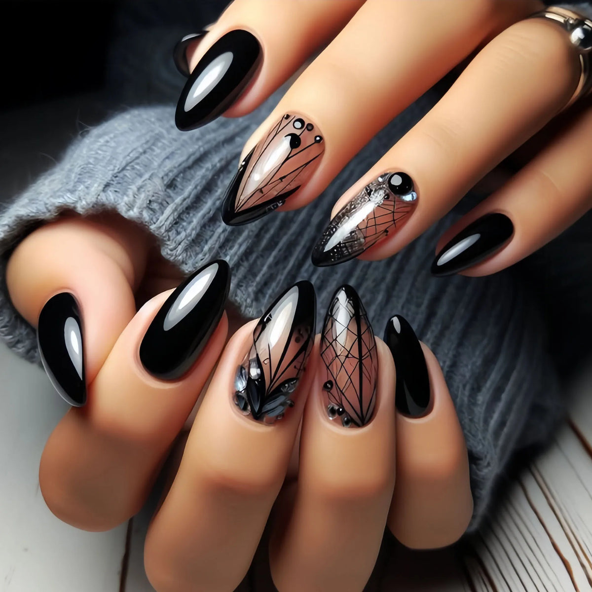 24pcs/set Short Square Ballet almond fake Nails tips Red Black Gold Purple Floral Geometric Pattern Press-On False Nails art set