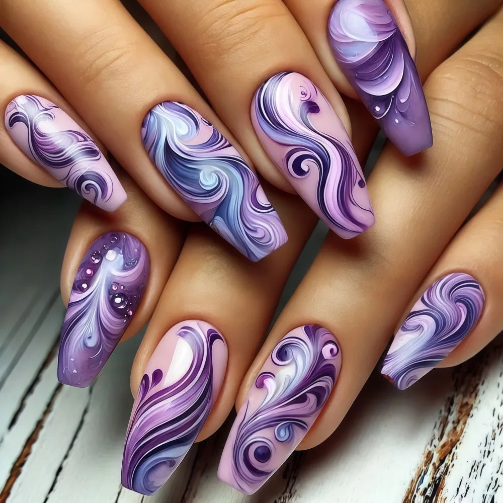 Ice Blue & Purple Floral Wave Ballet Press-On Nails – Medium Square, 24 Pcs