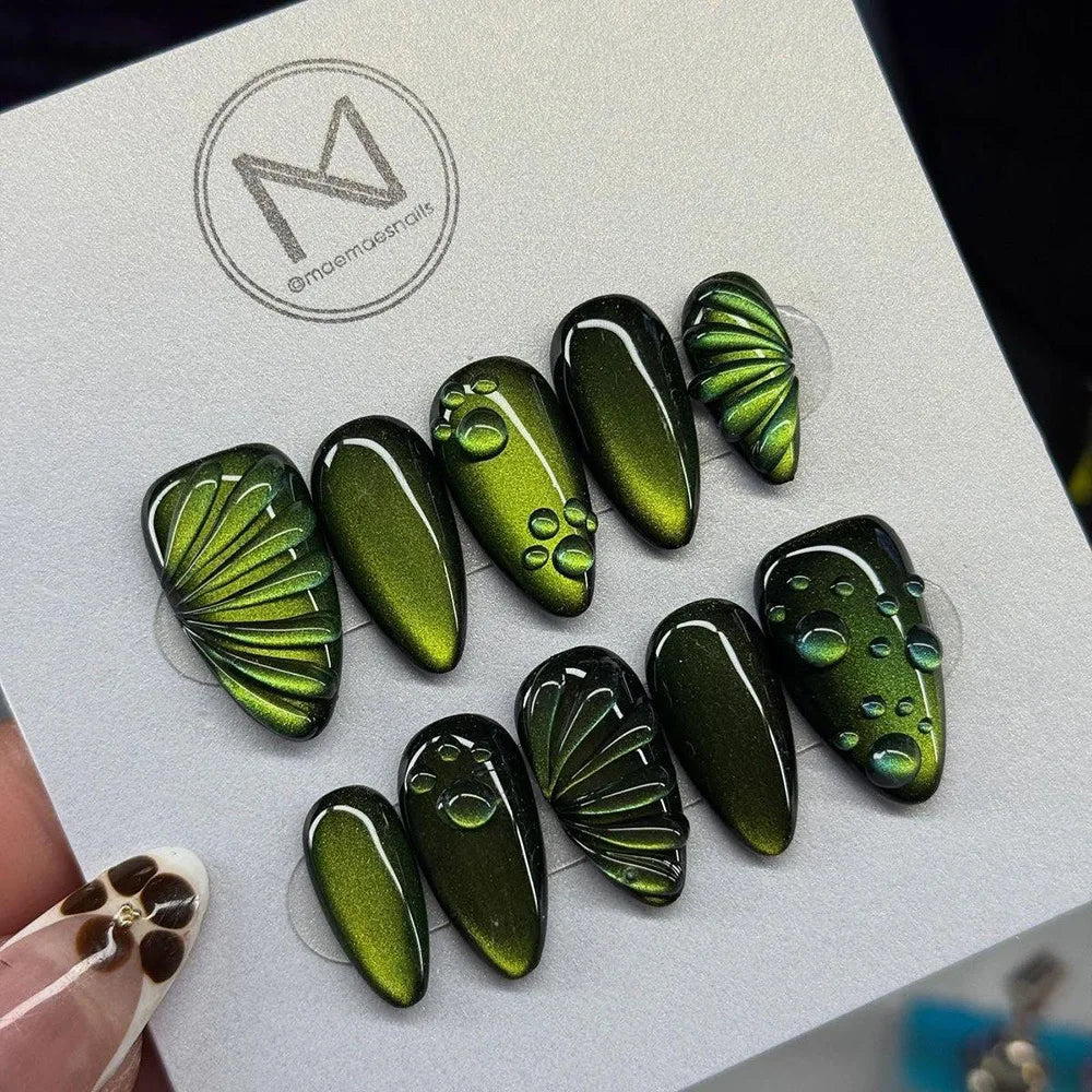 Medium Almond fake nails for women girls dark green cyan cat eyes 3D waterdrop design full cover press on acrylic false nail art