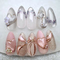 24pcs/set Medium fake nails for women girls gradient pink blue flowers heart glossy glass cat eyes full cover press on nails