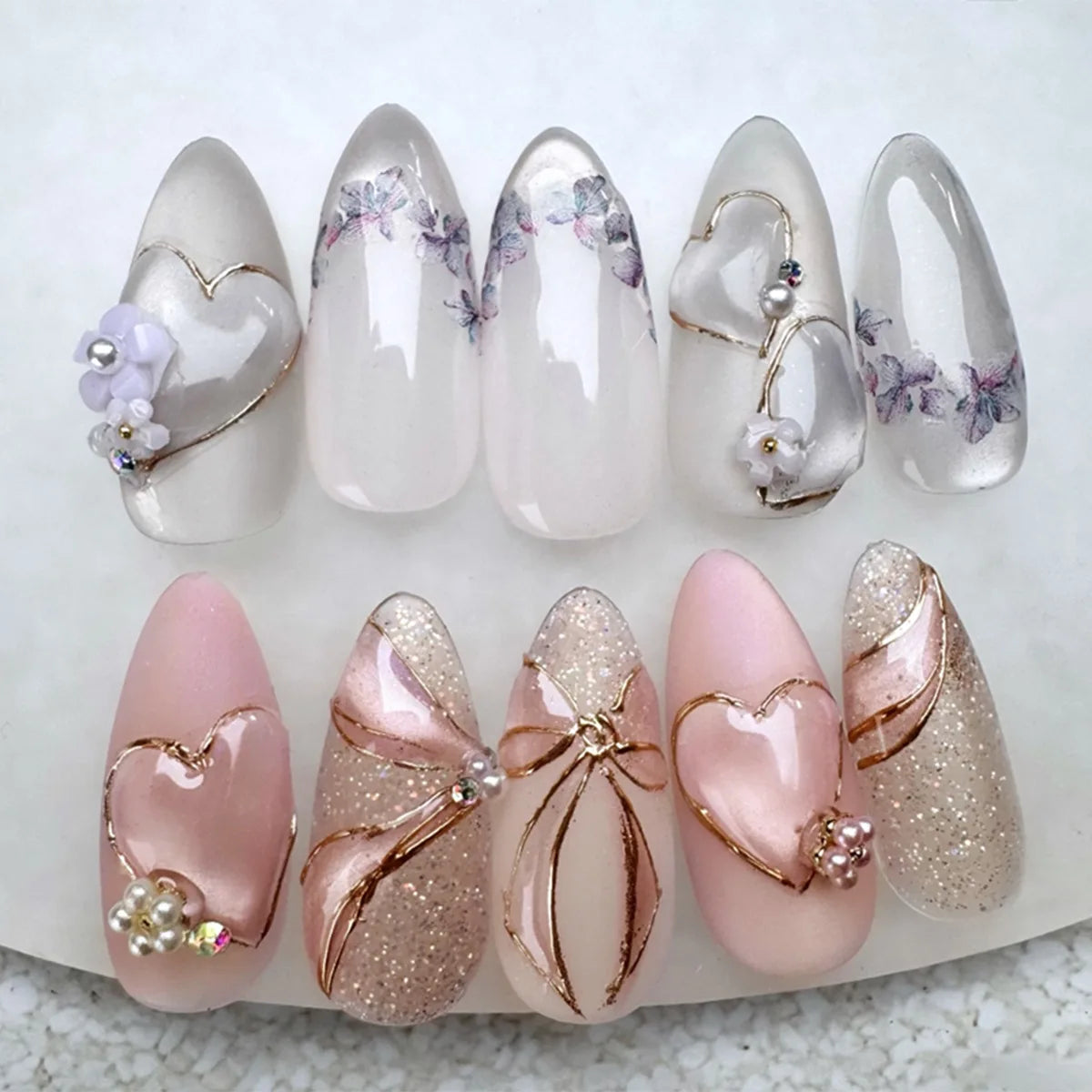 24pcs/set Medium fake nails for women girls gradient pink blue flowers heart glossy glass cat eyes full cover press on nails