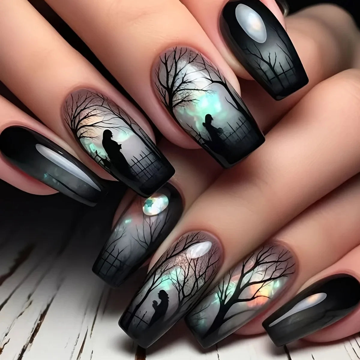 24pcs/set Medium fake nails for women girls bat skull flowers pumpkin for Halloween Almond square tips press on false nail art