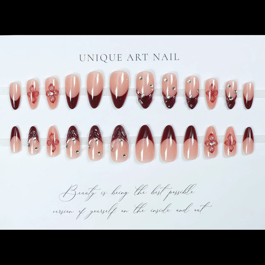 3D fake nails for women girls french style dark red nude almond shape embossed flowers with rhinestones press on false nail art