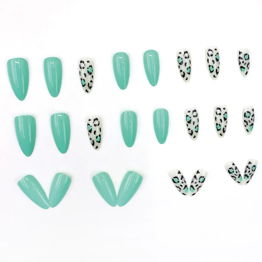 24pcs/set fake nails for women gilrs fresh light green leopard print Glossy almond nail tips full cover reusable press on nail