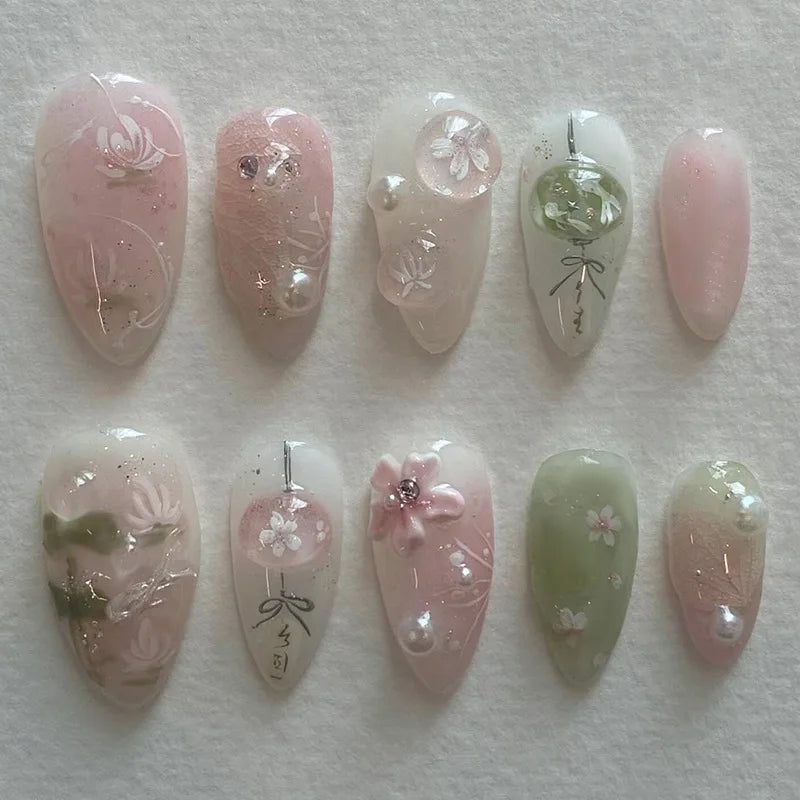 Hand-Painted Botanical Flower Press-On Nails – Almond, 24 Pcs