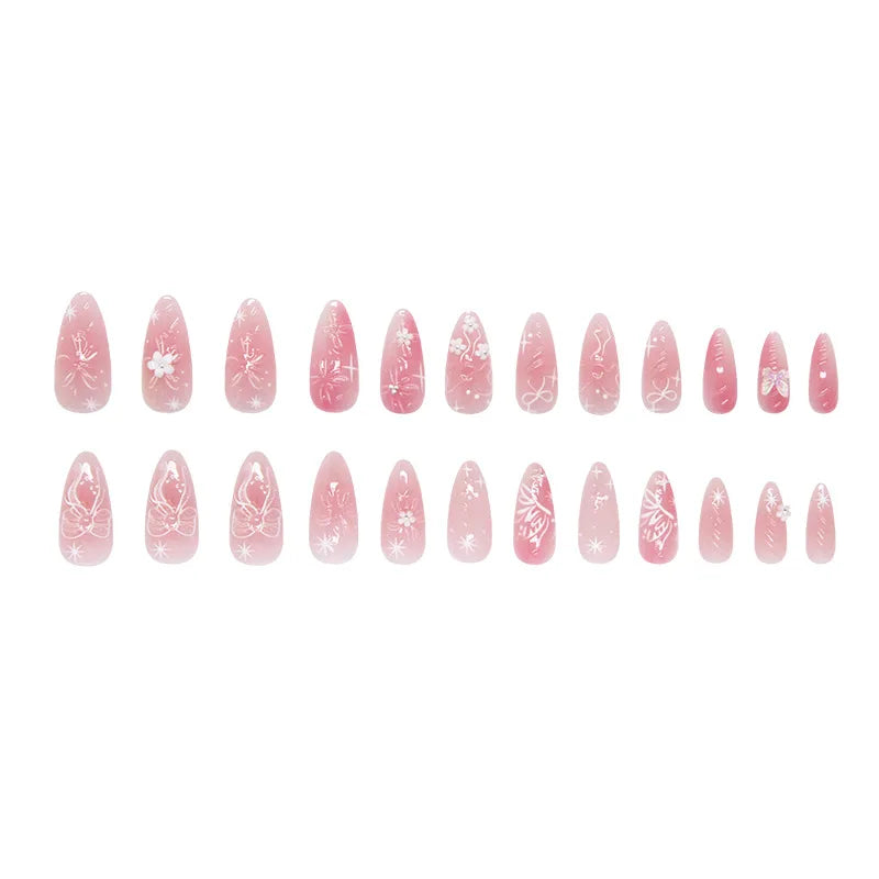 3D fake nails for women girls Gradient pink colors with flowers butterfly design almond nail tips full cover press on false nail