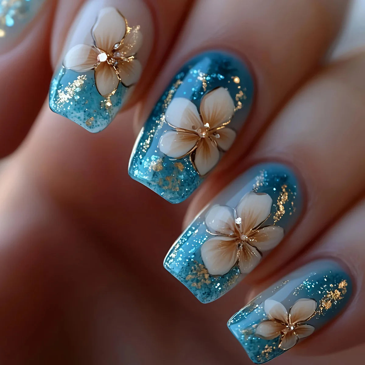 24pcs/sest Short Medium fake nails for women girls colorful flowers Mushroom beach for Summer Autumn Press on false nail tips