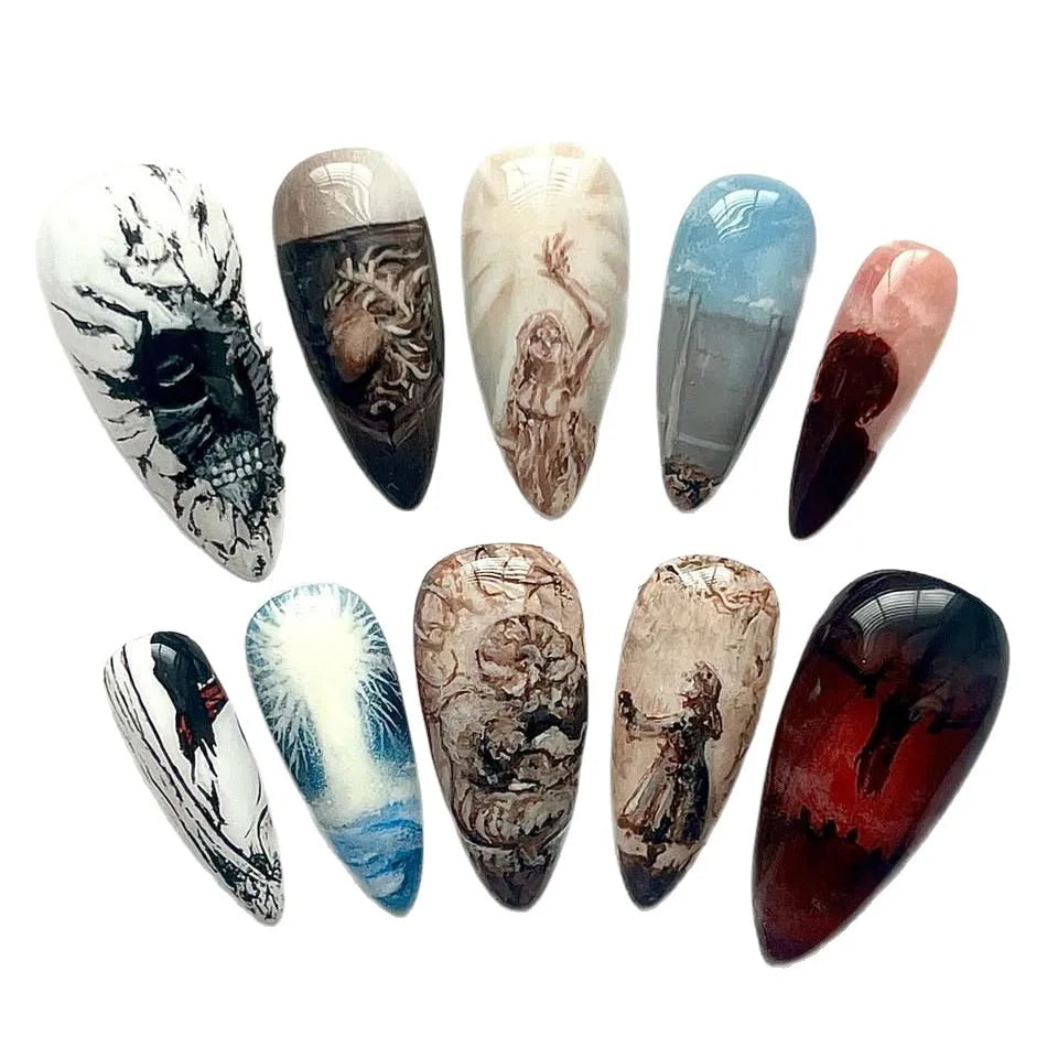 Dark Gothic Angel & Raven Handmade Press-On Nails – Stiletto, 10 Pcs