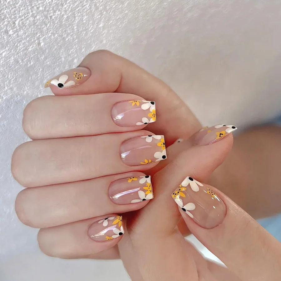 Nude French Press-On Nails with Yellow & White Flowers – Square