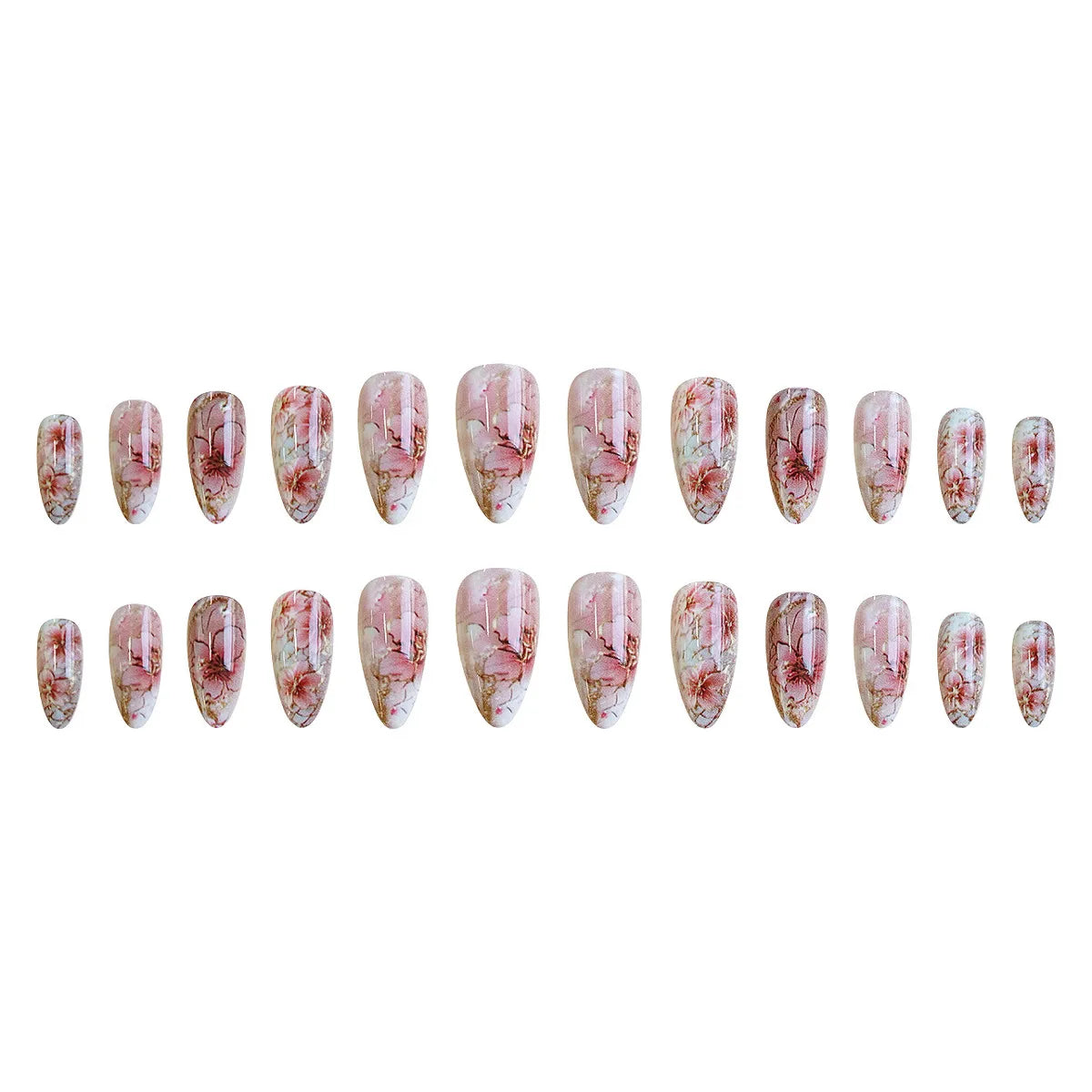 24pcs/set Medium fake nails for women girls gradient pink flowers print Almond nail tips full cover press on false nails set