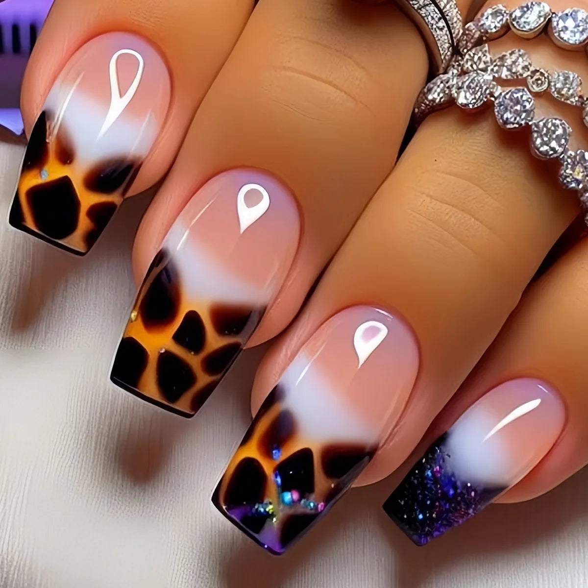 24pcs/set Medium Long Fake Nails for Summer Autumn Winter Leopard Print Y2K Gradient Square Ballet Tips Press On False Nails
