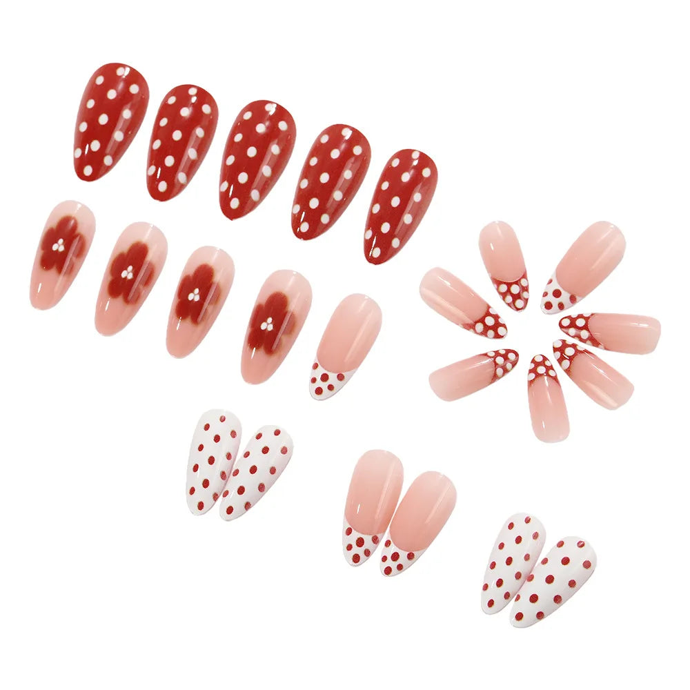 Medium fake nails gradient red pink white fashion Polka dots design full cover french Almond nail tips press on false nail art