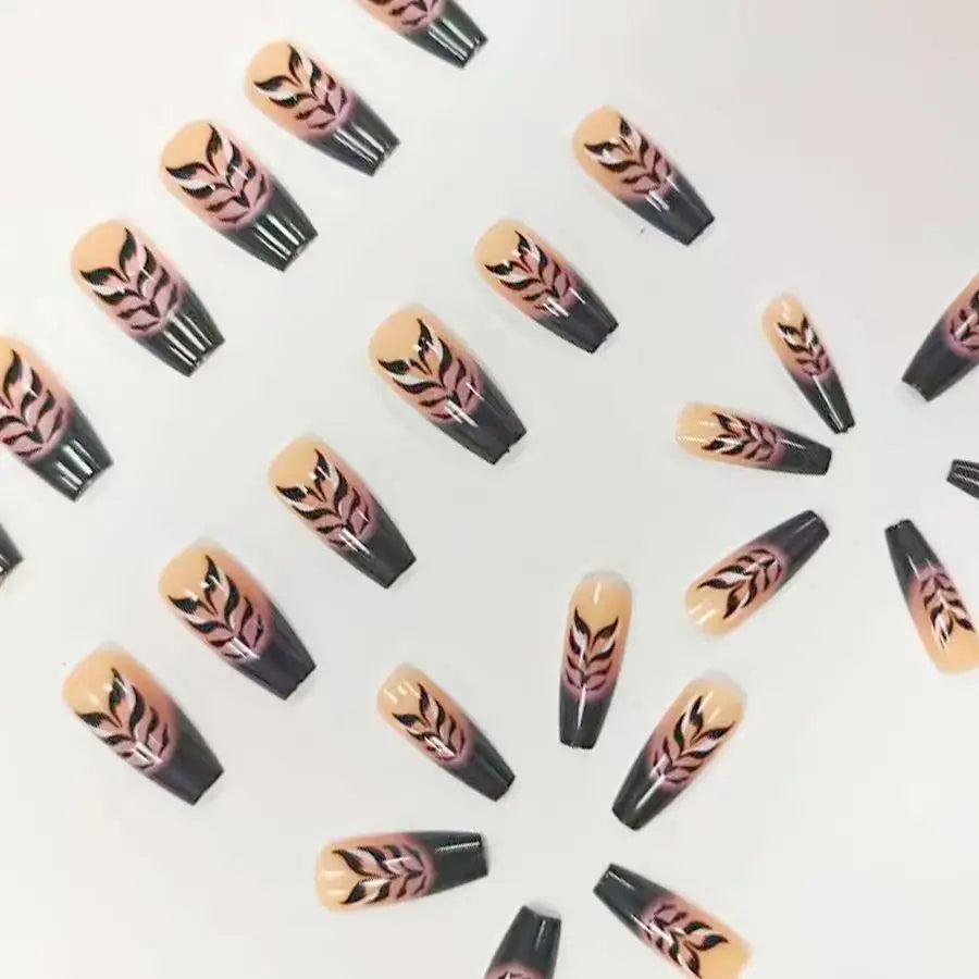 Purple & Black Floral Stripe Ballet Press-On Nails – Medium