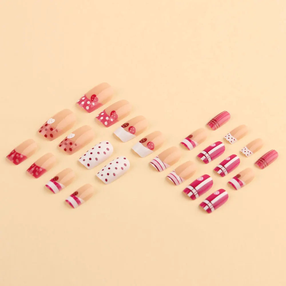 Pink & White Heart Button Plaid French Press-On Nails – Short Square, 24 Pcs
