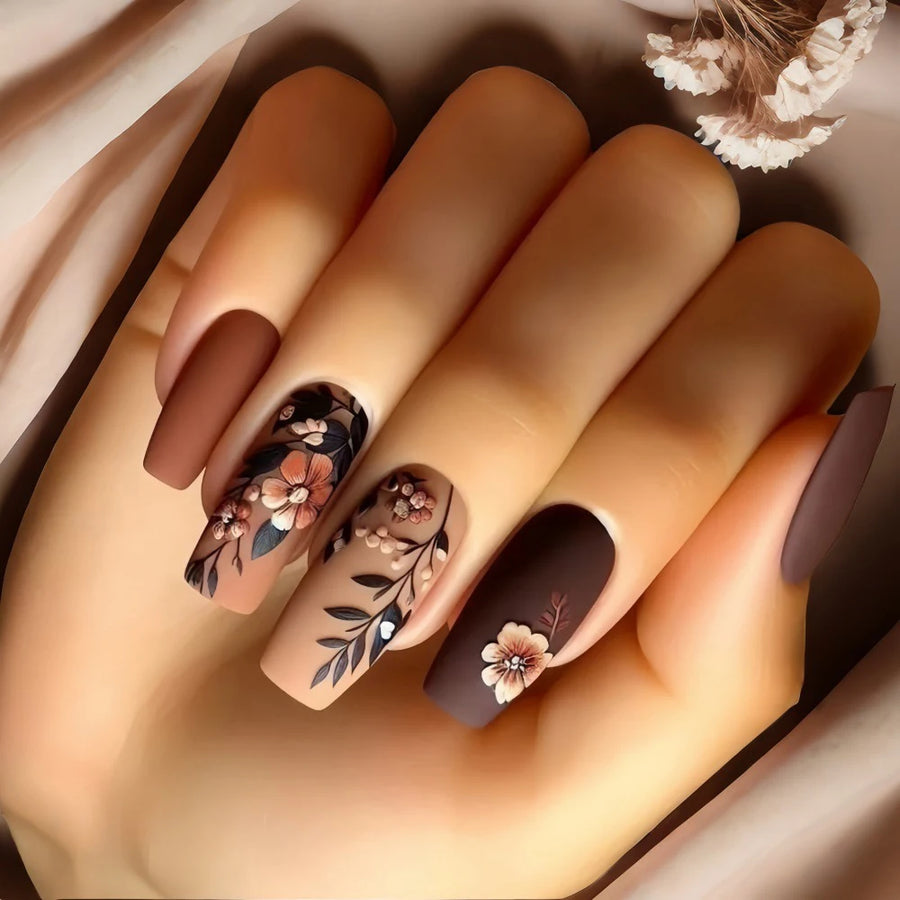 Coffee Brown Floral Ballet Press-On Nails – Medium