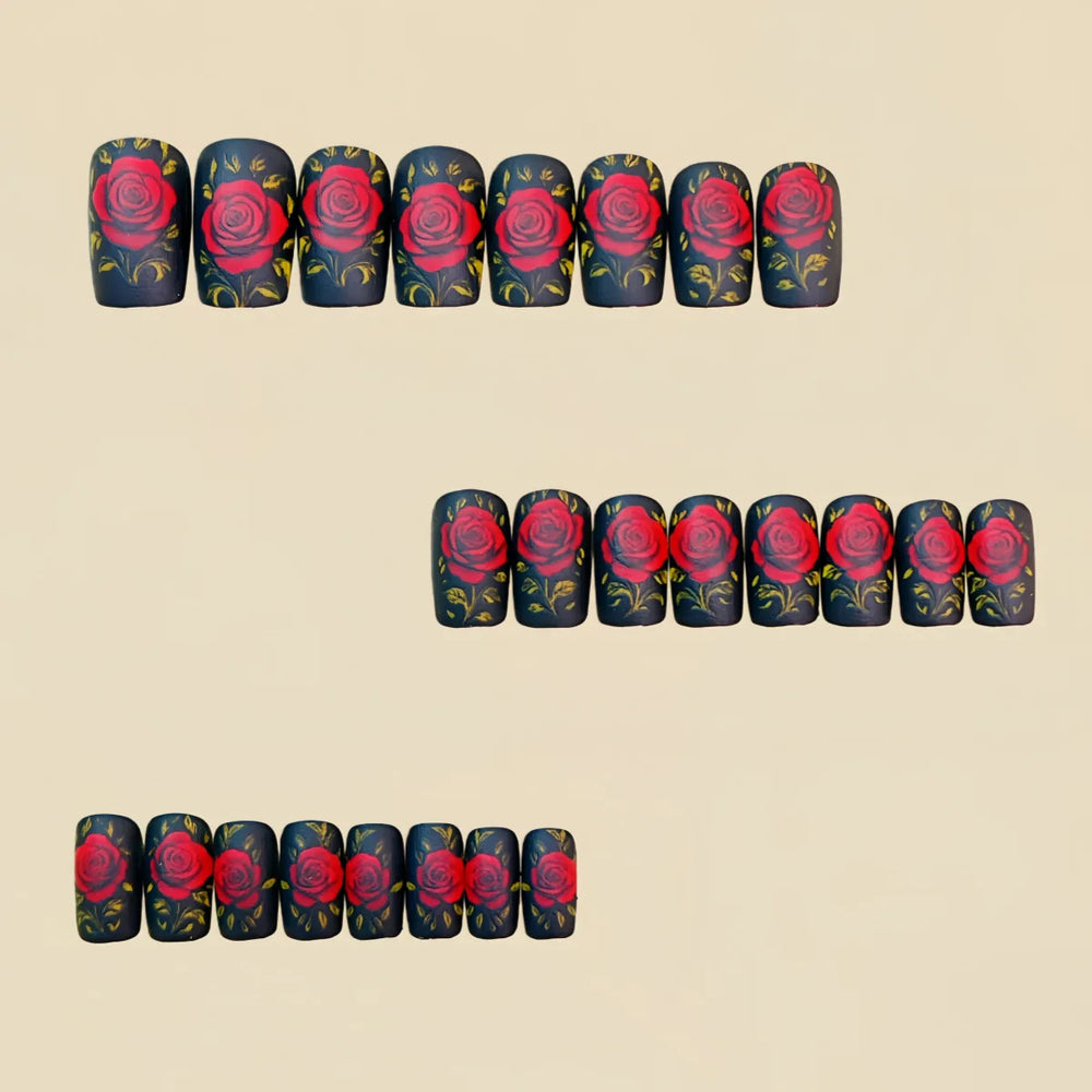Red Rose Valentine's Press-On Nails – Black & White Square, Medium