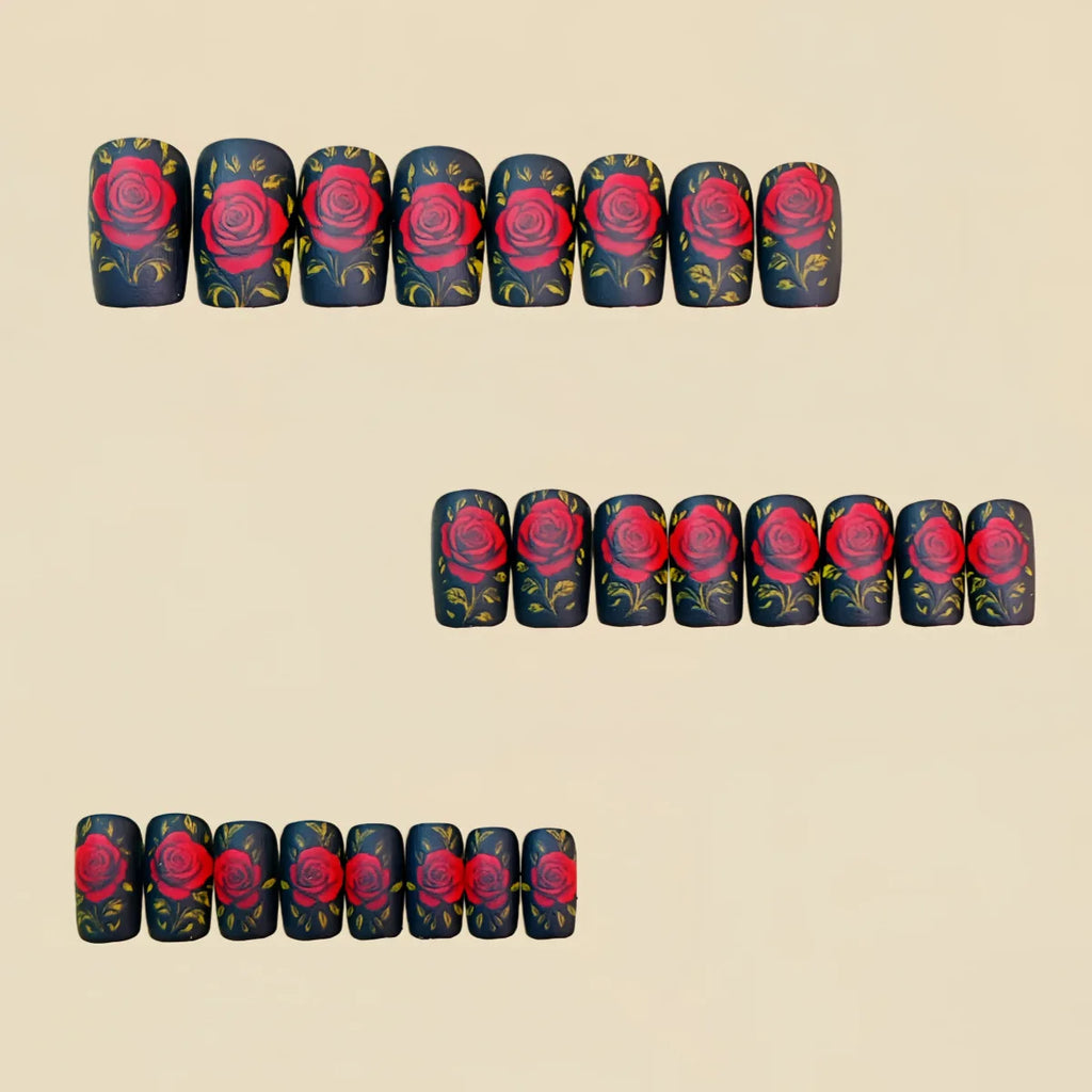 Medium Fake Nails for Women Girls Red Rose Flowers for Valentine's Day Black White Square Nail Tips Press On False Nail Art
