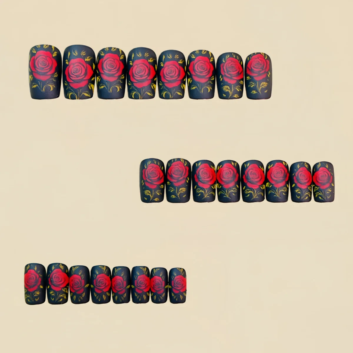 Medium Fake Nails for Women Girls Red Rose Flowers for Valentine's Day Black White Square Nail Tips Press On False Nail Art
