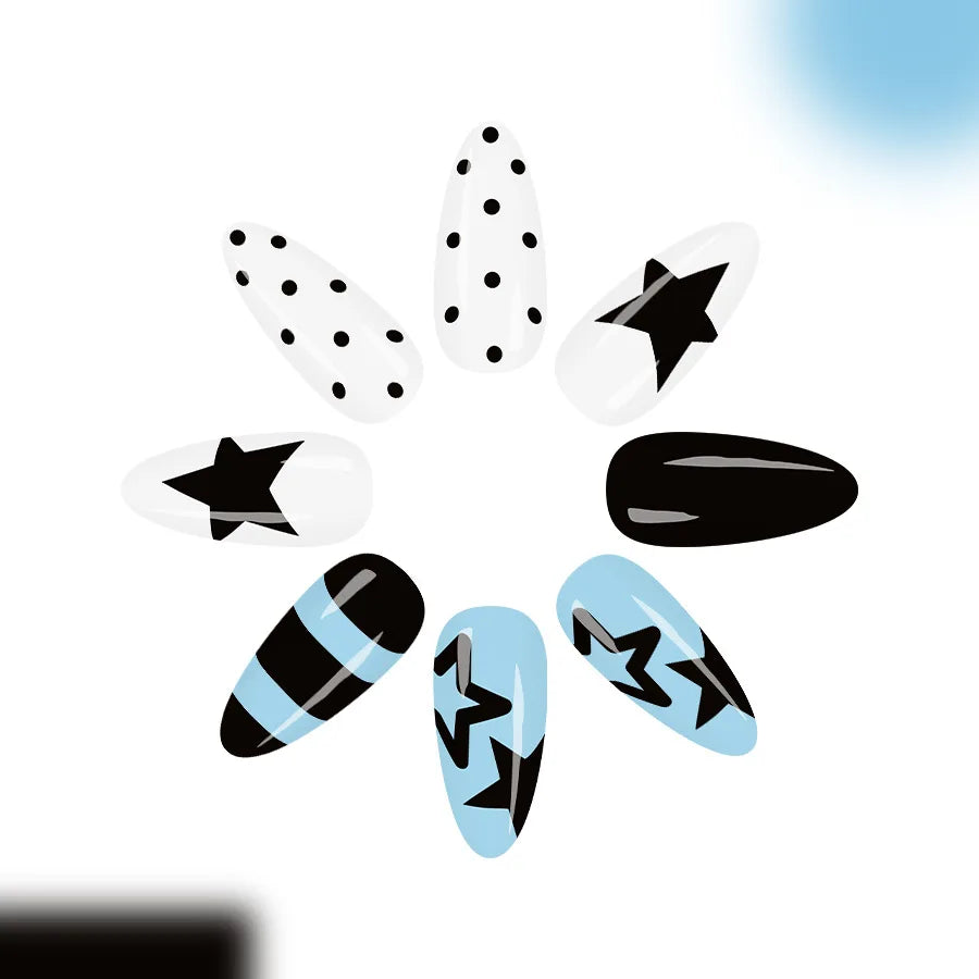 Blue & Black Stripe Star Polka Dot Press-On Nails – Almond, 24 Pcs