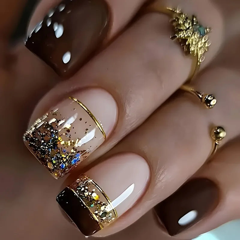 Short Square fake nails for women glossy brown tips golden silver glitters with strips design full cover press on false nail art