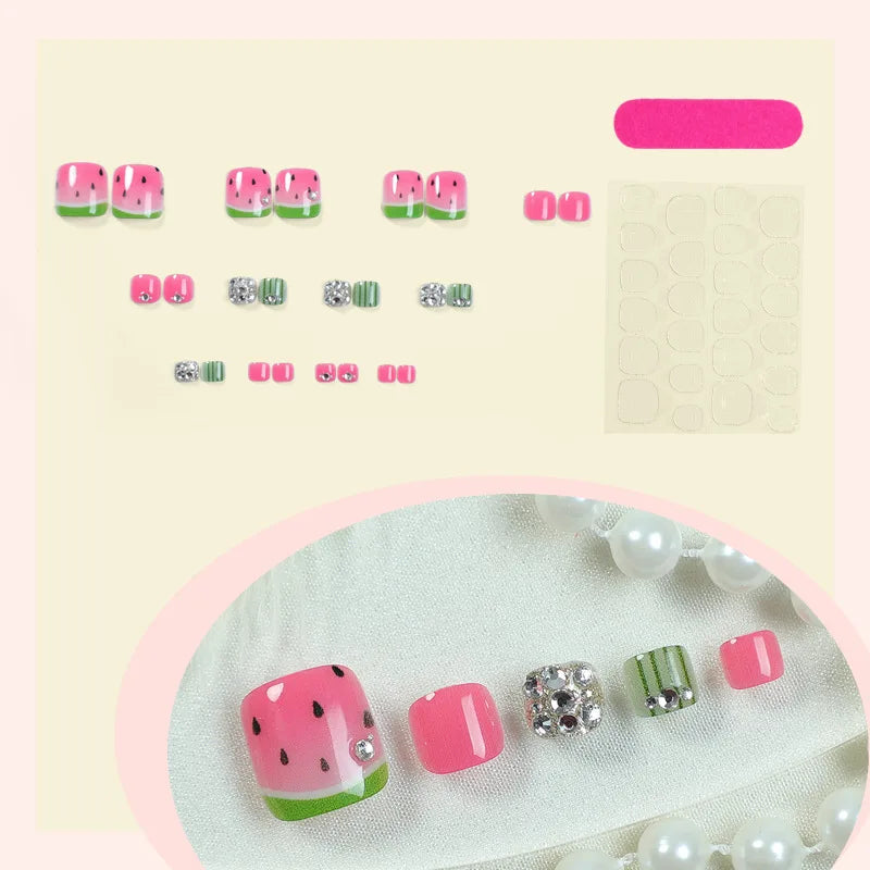 Painted Watermelon & Fruit Press-On Toenails – Short Square, 24 Pcs