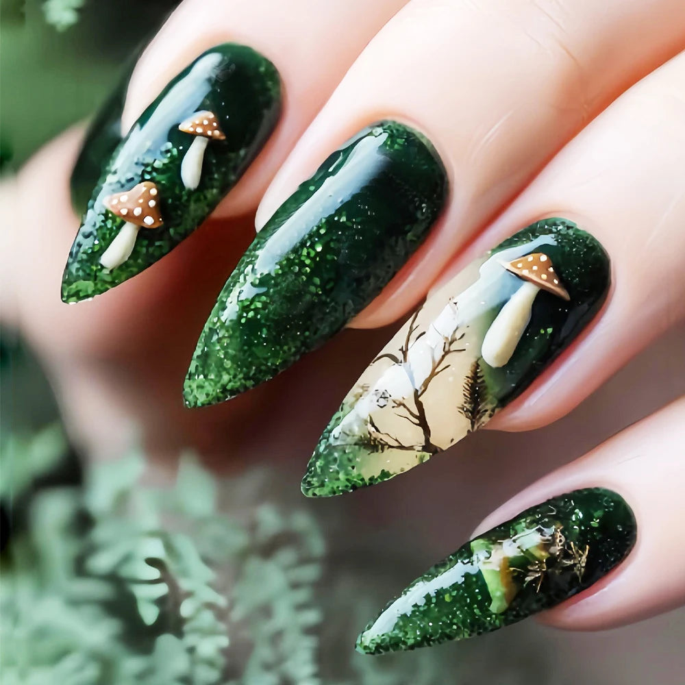 24pcs/sest Short Medium fake nails for women girls colorful flowers Mushroom beach for Summer Autumn Press on false nail tips