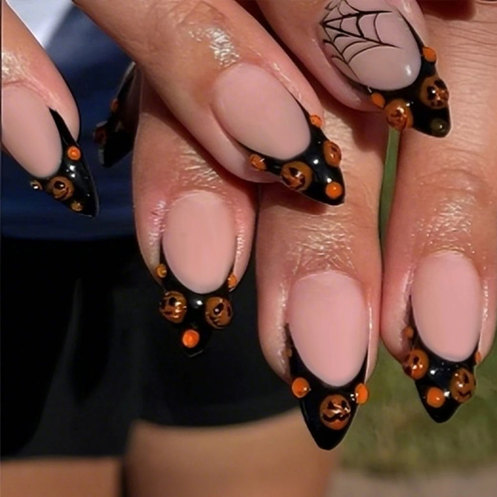 Black French Tip Pumpkin & Spider Web Press-On Nails – Almond, 30 Pcs