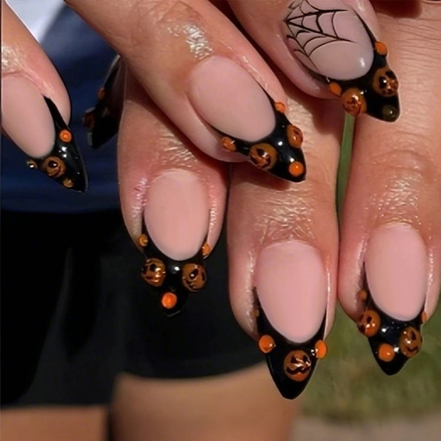 Black French Tip Pumpkin & Spider Web Press-On Nails – Almond, 30 Pcs