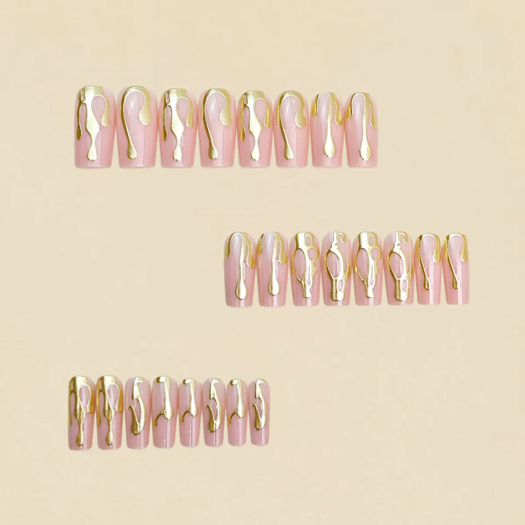 Medium long fake nails for women 3D golden gilding in nude quare nail tips full cover reusable press on Artificial Nails set