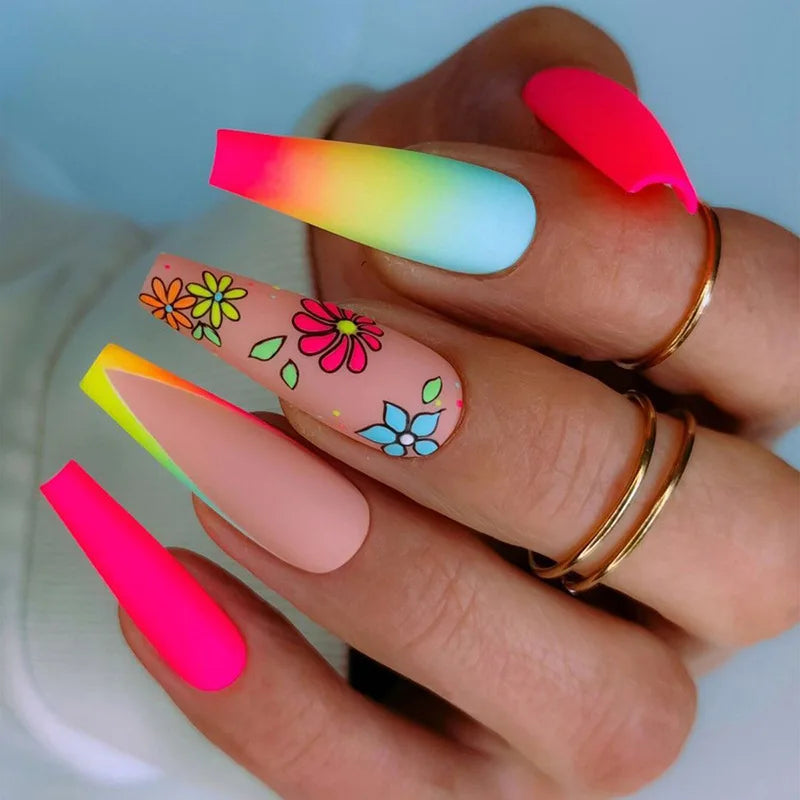 Cactus & Flower Gradient Ballet Press-On Nails – Medium Long