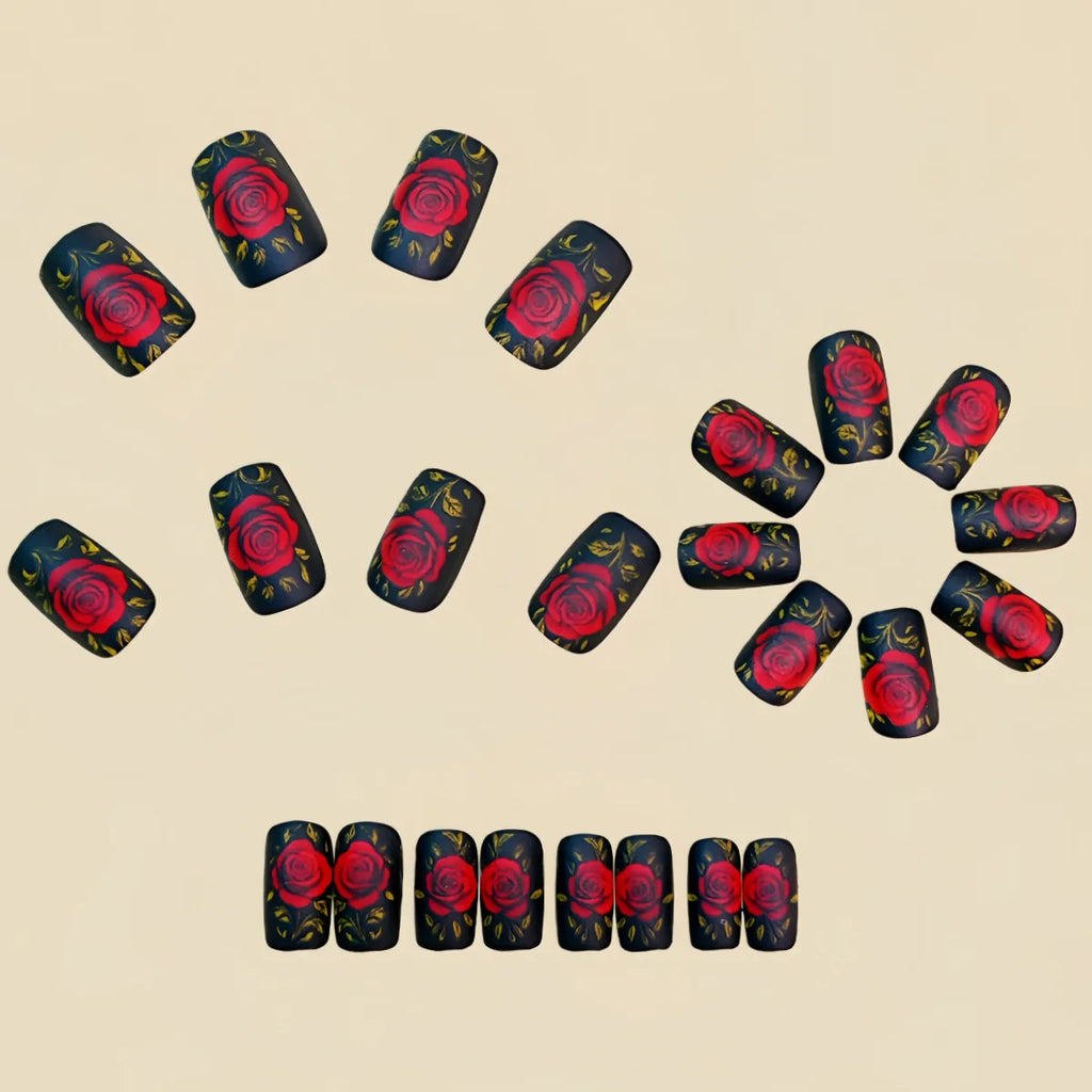 Medium Fake Nails for Women Girls Red Rose Flowers for Valentine's Day Black White Square Nail Tips Press On False Nail Art