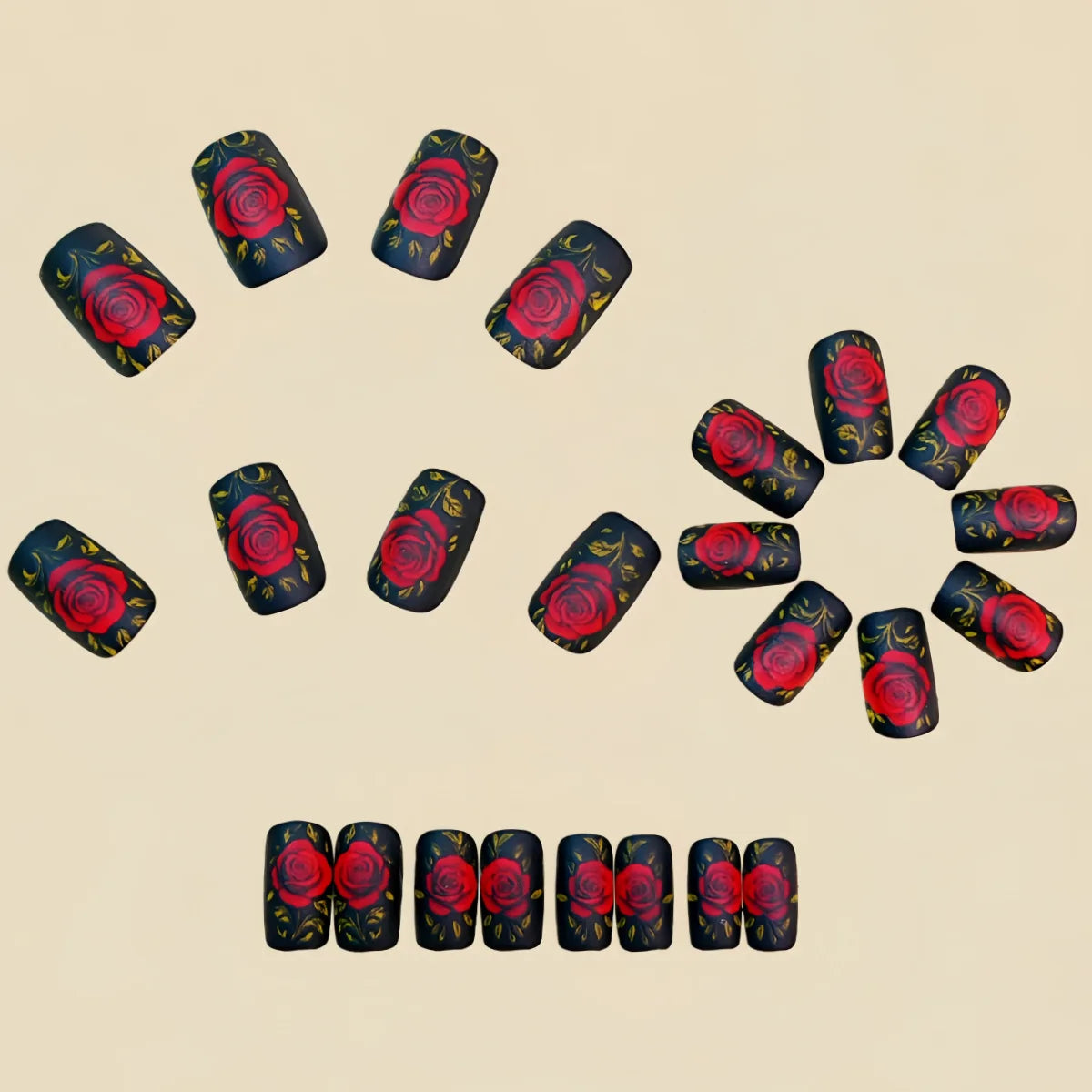 Medium Fake Nails for Women Girls Red Rose Flowers for Valentine's Day Black White Square Nail Tips Press On False Nail Art